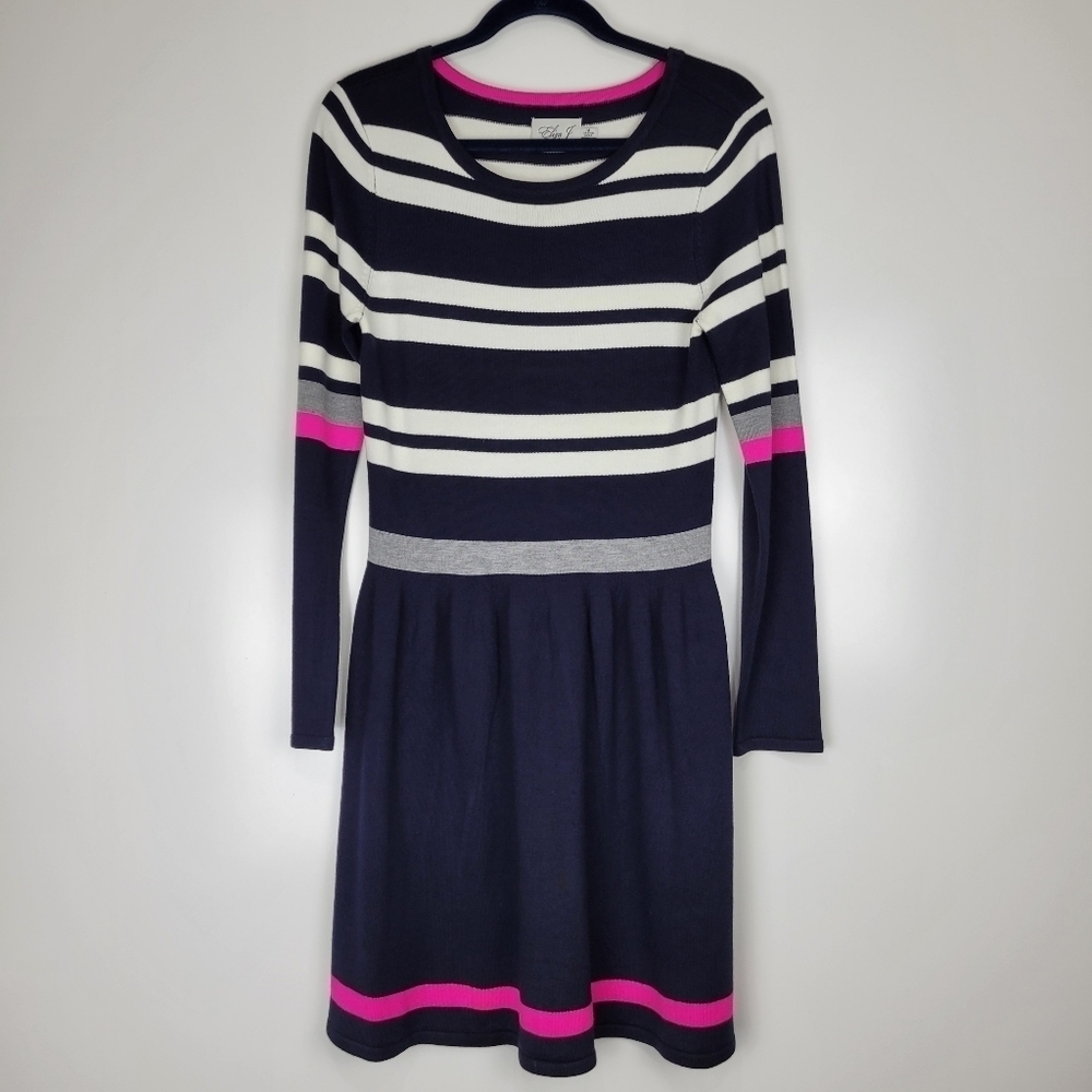 Eliza J Women's Navy Striped Pink/Gray/Cream Long Sleeve Sweater Dress Size M
